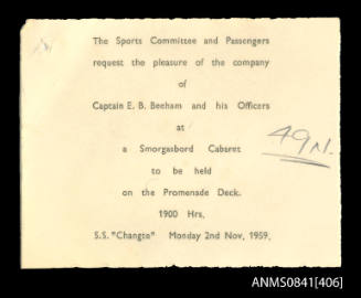 Invitation addressed to Captain Beeham and his officers to attend a smorgasbord cabaret on board the promenade deck of SS CHANGTE on 2nd November, 1959