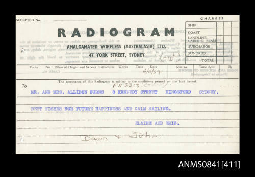 Radiogram addressed to Mr and Mrs allibon burns from Eric and Elaine Beeham