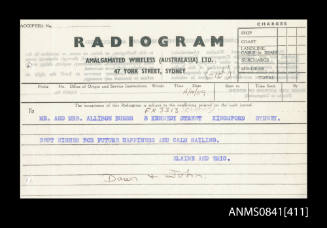 Radiogram addressed to Mr and Mrs allibon burns from Eric and Elaine Beeham
