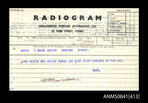 Radiogram addressed to Brown from Eric