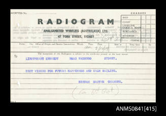 Radiogram addressed to Lieutenant Kennedy from Eric Beeham