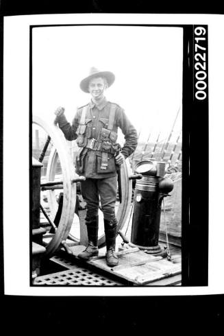 Crew of DUQUESNE with two Australian soldiers, WWI