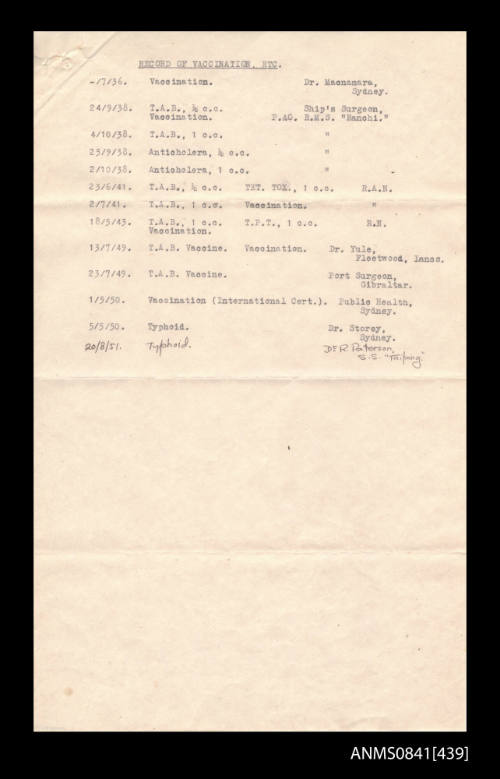 Record of personal vaccinations of Eric Beeham