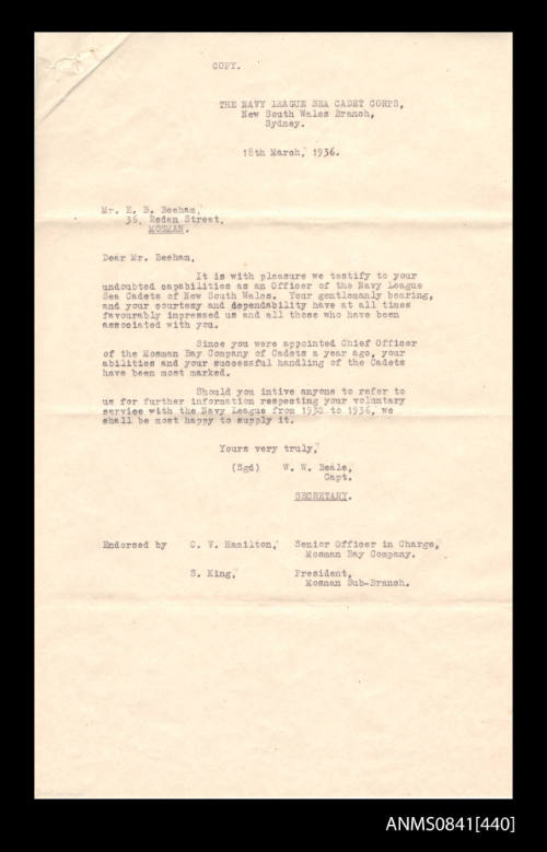 Reference letter for Eric Bolton Beeham in relation to his service as an Officer of the Navy League Sea Cadets of New South Wales