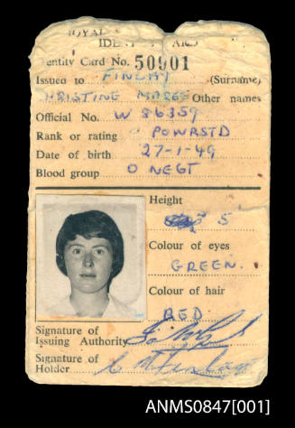 Identity card issued to WRAN Christine Finlay
