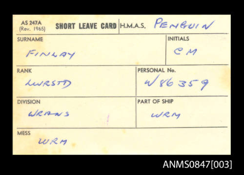 RAN short leave card issued to WRAN Christine Finlay