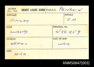 RAN short leave card issued to WRAN Christine Finlay