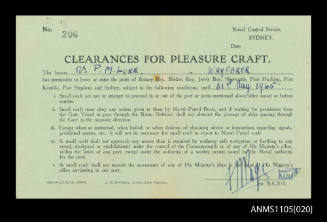 Naval Control Service Clearances pass for pleasure craft issued to P M Luke