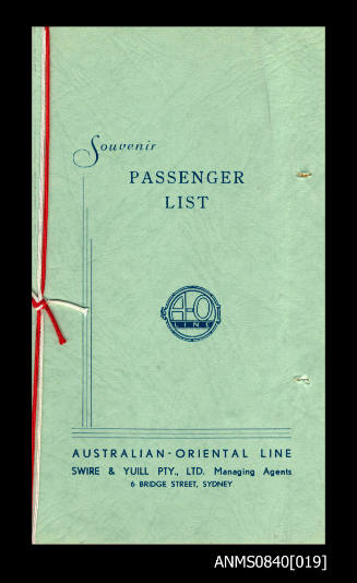 Souvenir list of passengers boarding SS CHANGTE at Sydney