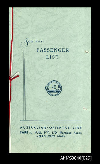 Souvenir list of passengers boarding SS CHANGTE at Sydney on 14 January 1961