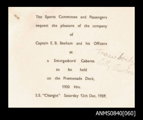 Invitation addressed to Captain Eric Bolton Beeham concerning smorgasbord caberet on SS CHANGTE on 12 December 1959