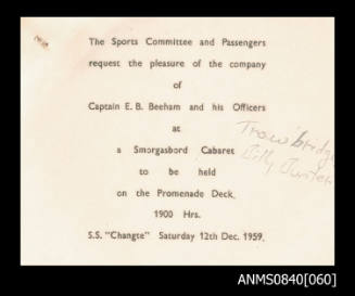 Invitation addressed to Captain Eric Bolton Beeham concerning smorgasbord caberet on SS CHANGTE on 12 December 1959