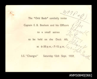 Invitation addressed to Captain Eric Bolton Beeham concerning soiree held on board SS CHANGTE on 12 September 1959