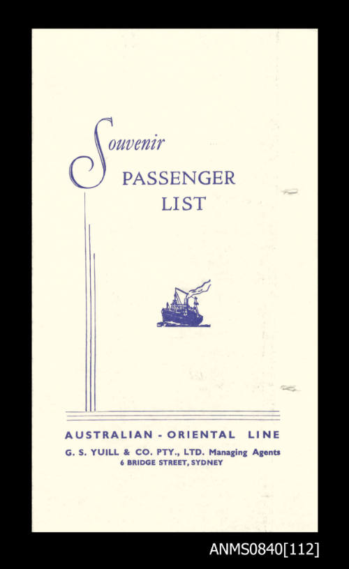 Souvenir list of passengers on board SS CHANGTE departing from Sydney 27 December 1957