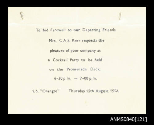 Invitation to cocktail party held on board SS CHANGTE on 15 August 1957