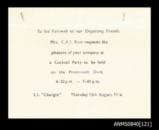 Invitation to cocktail party held on board SS CHANGTE on 15 August 1957