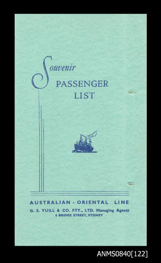 Souvenir list of passengers on board SS CHANGTE departing from Sydney 19 July 1957