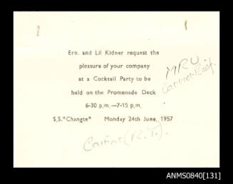 Invitation to cocktail party held on board SS CHANGTE on 24 June 1957