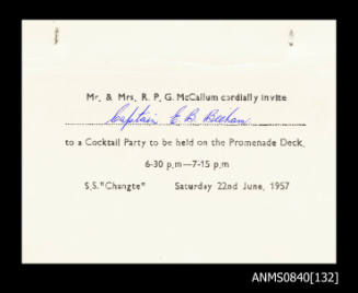 Invitation to cocktail party held on board SS CHANGTE on 22 June 1957