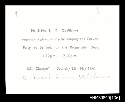 Invitation to cocktail party held on board SS CHANGTE on 25 May 1957