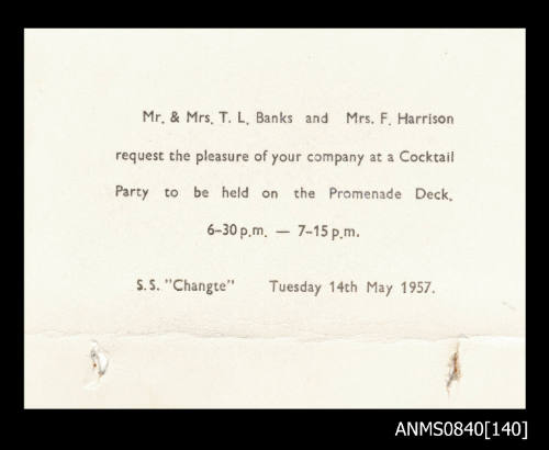 Invitation to cocktail party held on board SS CHANGTE on 14 May 1957