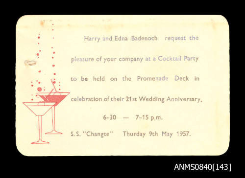 Invitation to cocktail party held on board SS CHANGTE on 9 May 1957