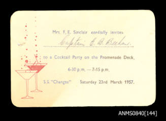 Invitation to cocktail party held on board SS CHANGTE on 23 March 1957