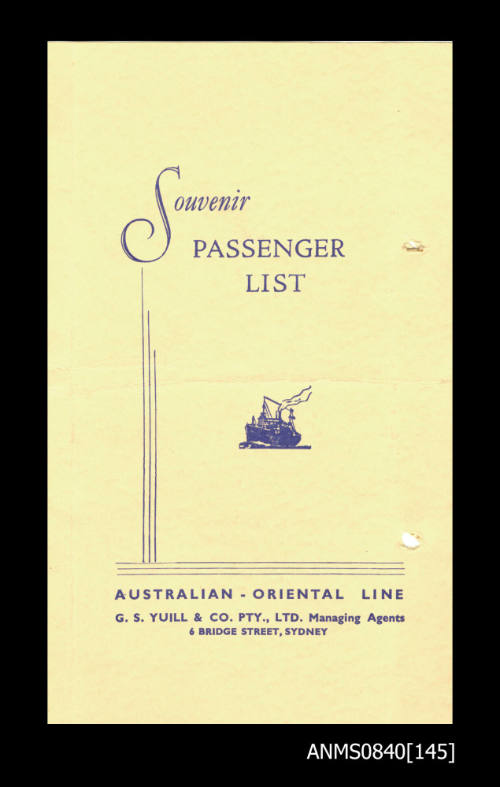 Souvenir list of passengers on board SS CHANGTE departing from Sydney 20 April 1957