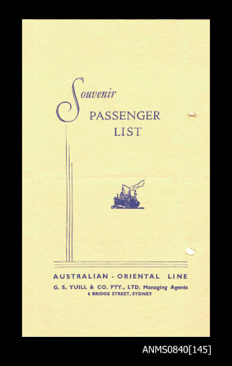 Souvenir list of passengers on board SS CHANGTE departing from Sydney 20 April 1957