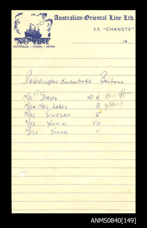 List of passengers disembarking SS CHANGTE at Brisbane from 1957