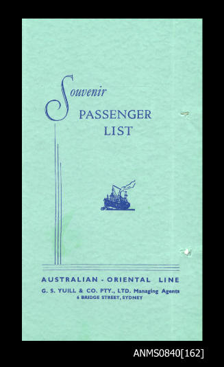 Souvenir list of passengers on board SS CHANGTE on departure from Sydney 18 January 1957