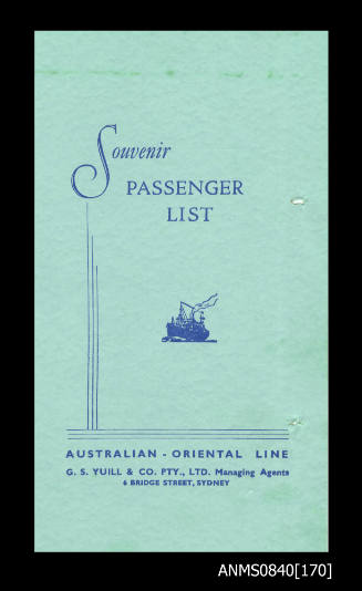 Souvenir list of passengers on board SS CHANGTE leaving Sydney 20 July 1956