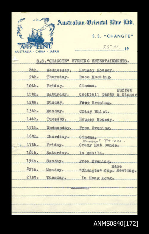 List of evening entertainment for SS CHANGTE dated 1957