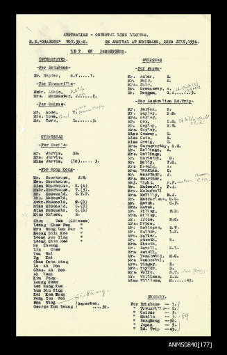 List of passengers on board SS CHANGTE on arrival at Brisbane 22 July 1956