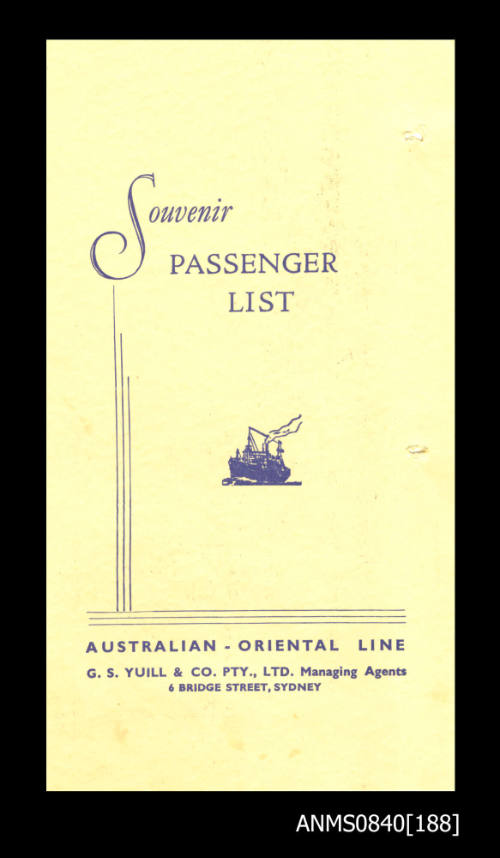 Souvenir list of passengers on board SS CHANGTE departing from Sydney 20 April 1956