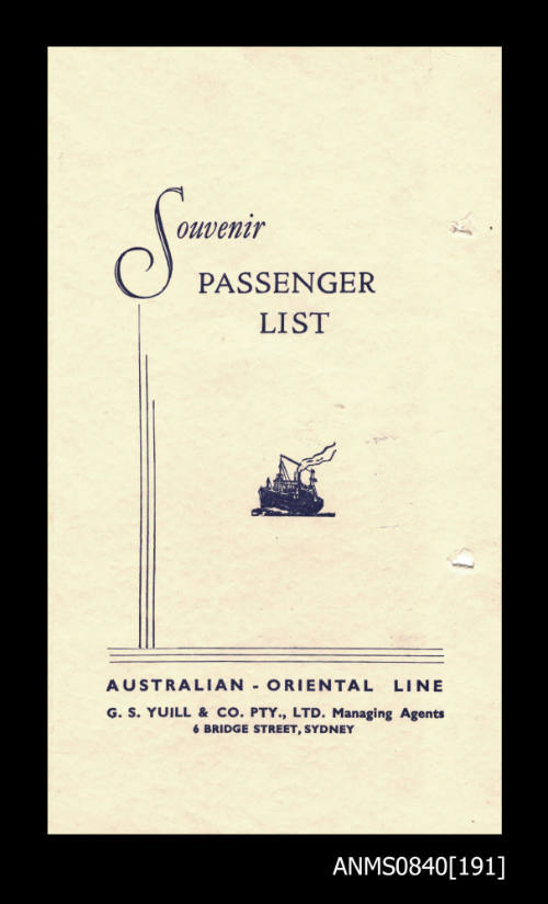 Souvenir list of passengers on board SS CHANGTE departing from Sydney 29 July 1955