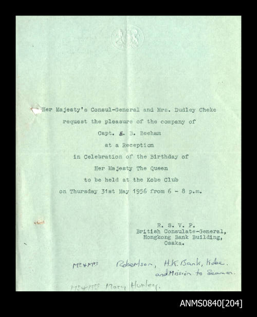 Invitation addressed to Captain Eric Bolton Beeham for a reception in celebration of the birthday of Her Majesty the Queen