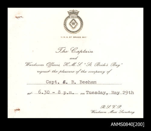 Invitation addressed to Captain Eric Bolton Beeham from HMS ST BRIDE'S BAY