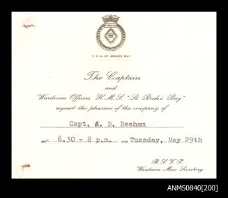 Invitation addressed to Captain Eric Bolton Beeham from HMS ST BRIDE'S BAY