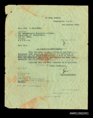 Letter from Denis George applying for admission to Australia