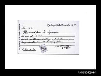 Receipt issued to Denis George by J H Stammell and Co for naturalisation costs