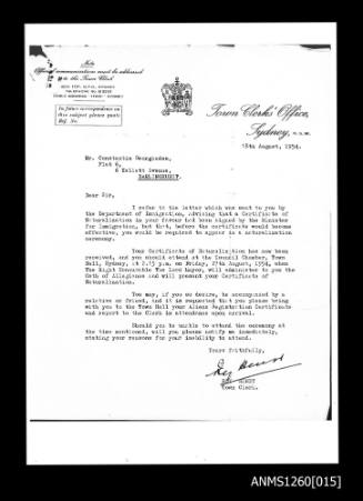 Letter from Town Clerks' Office Sydney to Denis George about naturalisation ceremony