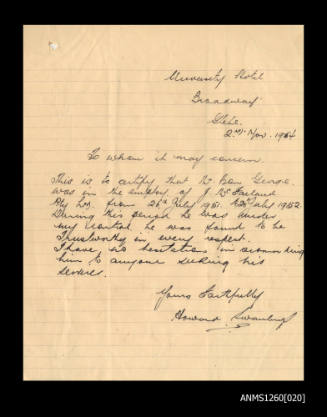 Letter of reference from H Swanbury to Denis George