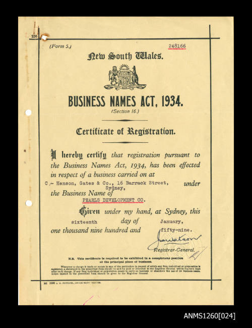 Certificates of registration of business name