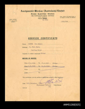 Certificate of employment for Denis George