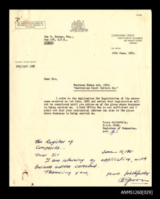 Letter to Denis George regarding business name registration