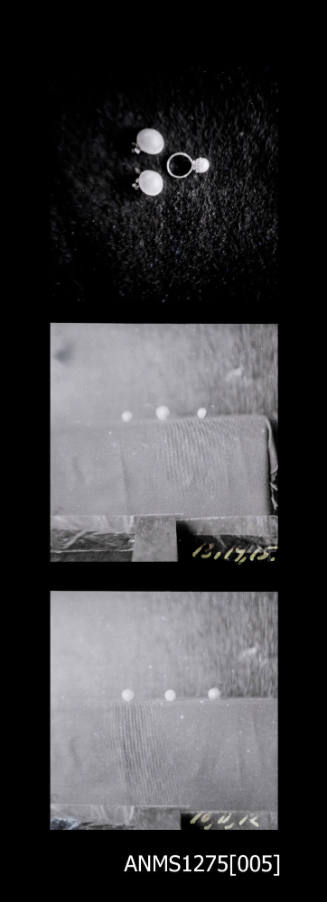 Three negatives, joined together, the first image of three peices of pearl jewellery, and the following two of three half pearls (or mabe pearls) in a row