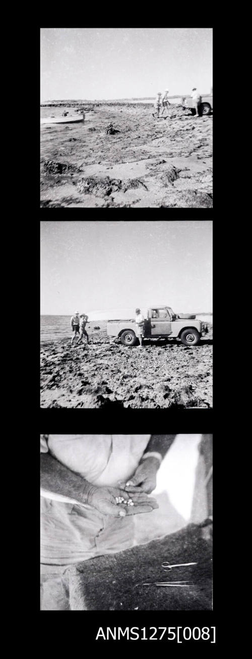 Three negatives, joined together, the first of three men standing on a beach, with a small boat on the beach, the second of three men standing near a car on the beach and the third of a persons hands holding several spherical pearls