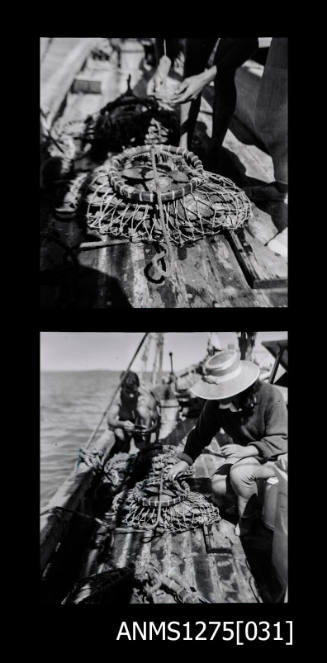 Pearl shell net, filled with pearl shells, on the deck of a boat, with people standing over the net