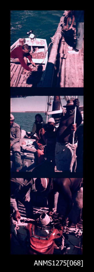 Three colour negatives, joined together, of a man sitting in a small boat next to the side of a larger boat, three men and one woman on a boat, facing the camera, and two men pulling a man in diving gear onto the side of a boat